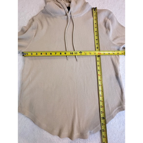 Waffle Knit Thermal Hoodie Tan Beige Curved Hem Long Sleeve Pullover - Picture 3 of 4